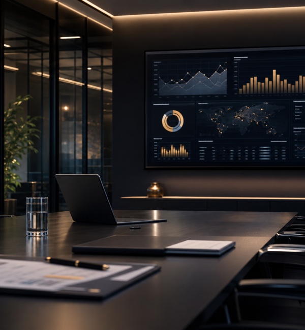 Ambiente corporativo com dashboard executivo
