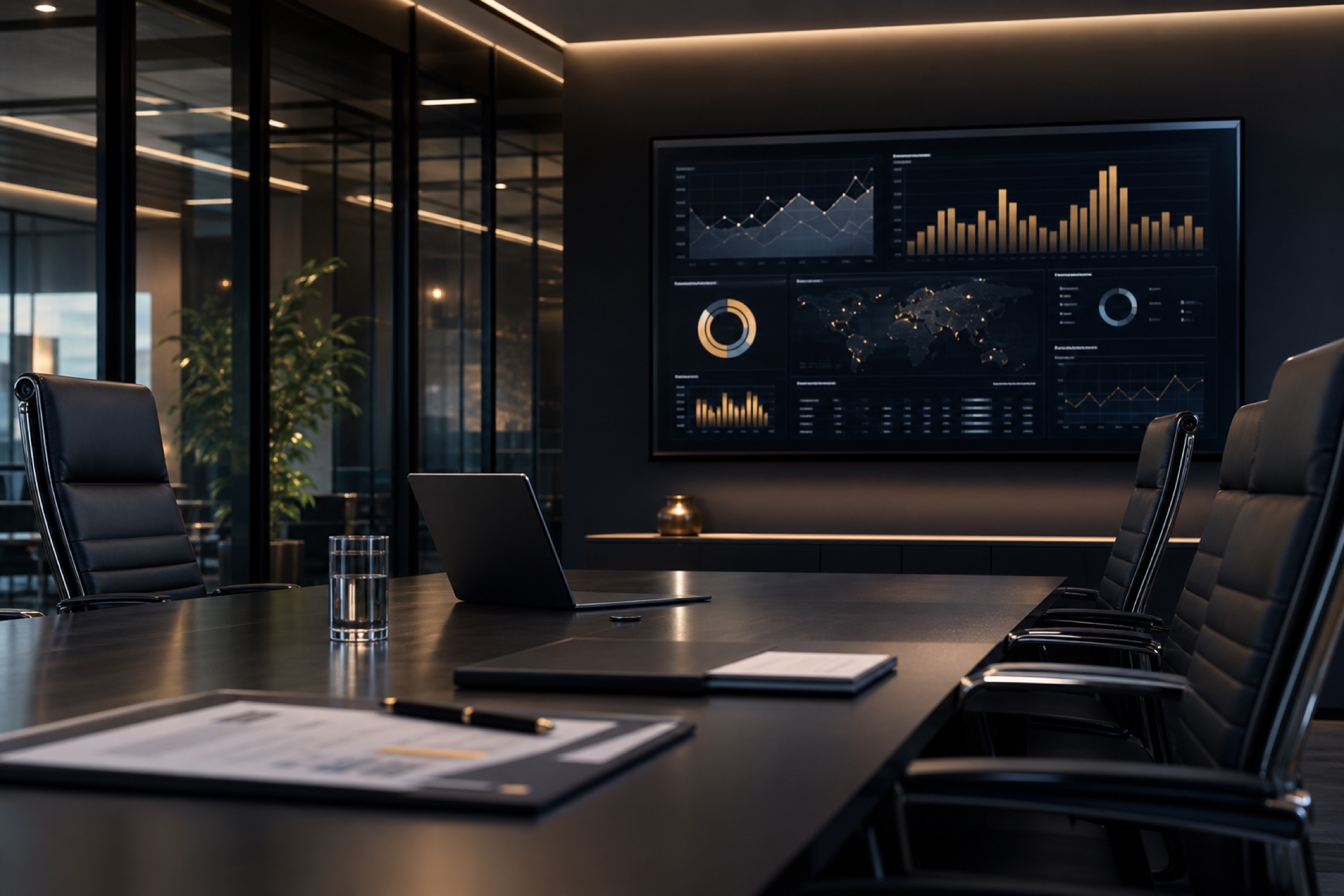 Ambiente corporativo com dashboard executivo